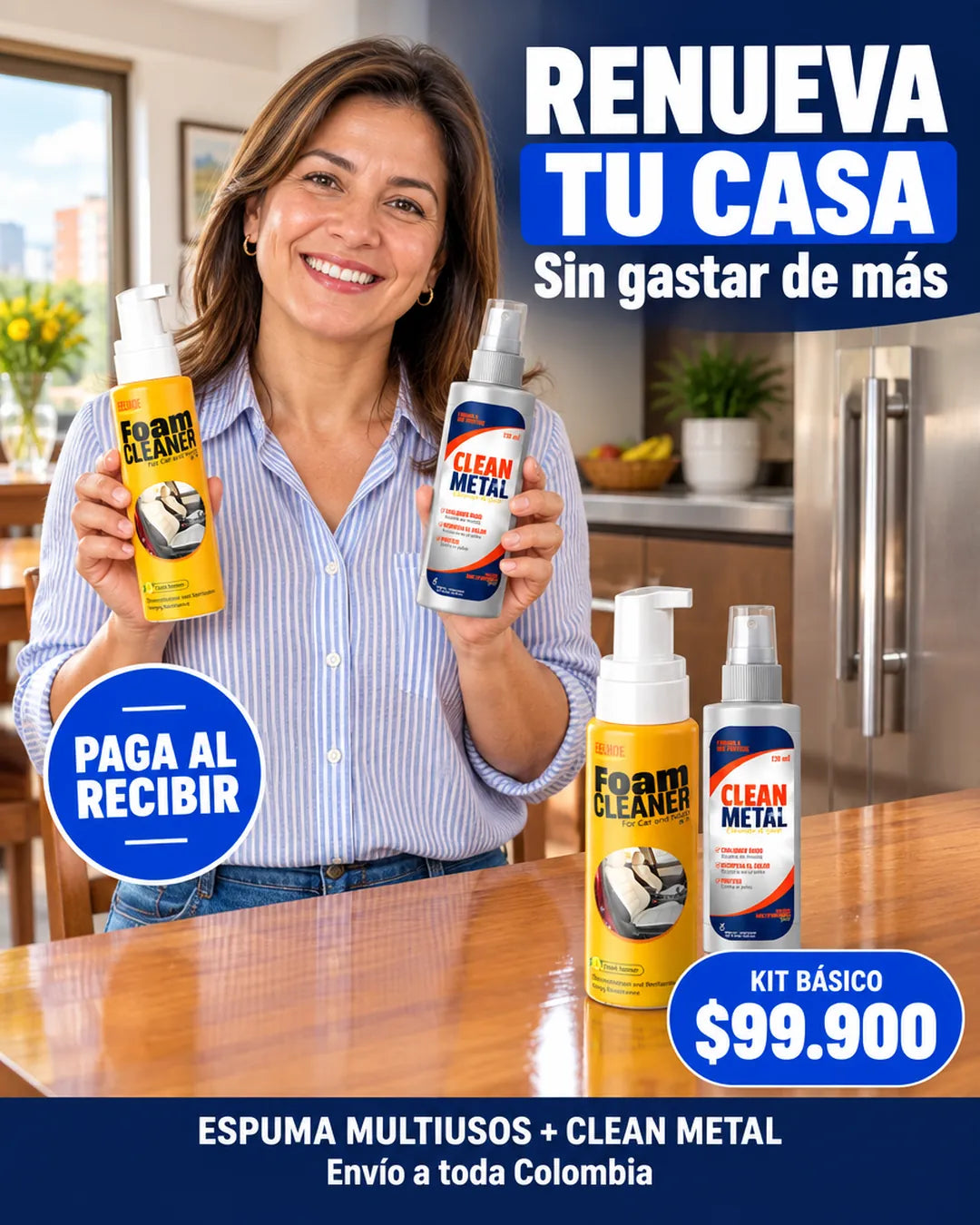 Mujer sonriente con espuma multiusos y Clean Metal: Kit Básico a $99.900, paga al recibir