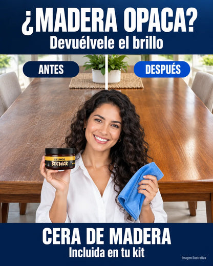 Antes y después de madera opaca con cera de madera, incluida en tu kit