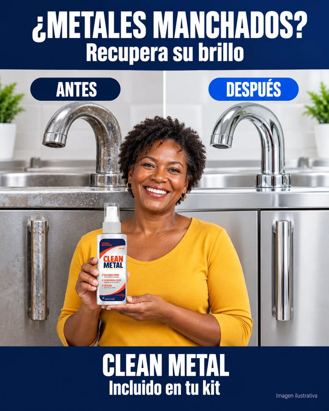 Antes y después de metales manchados con Clean Metal, incluido en tu kit