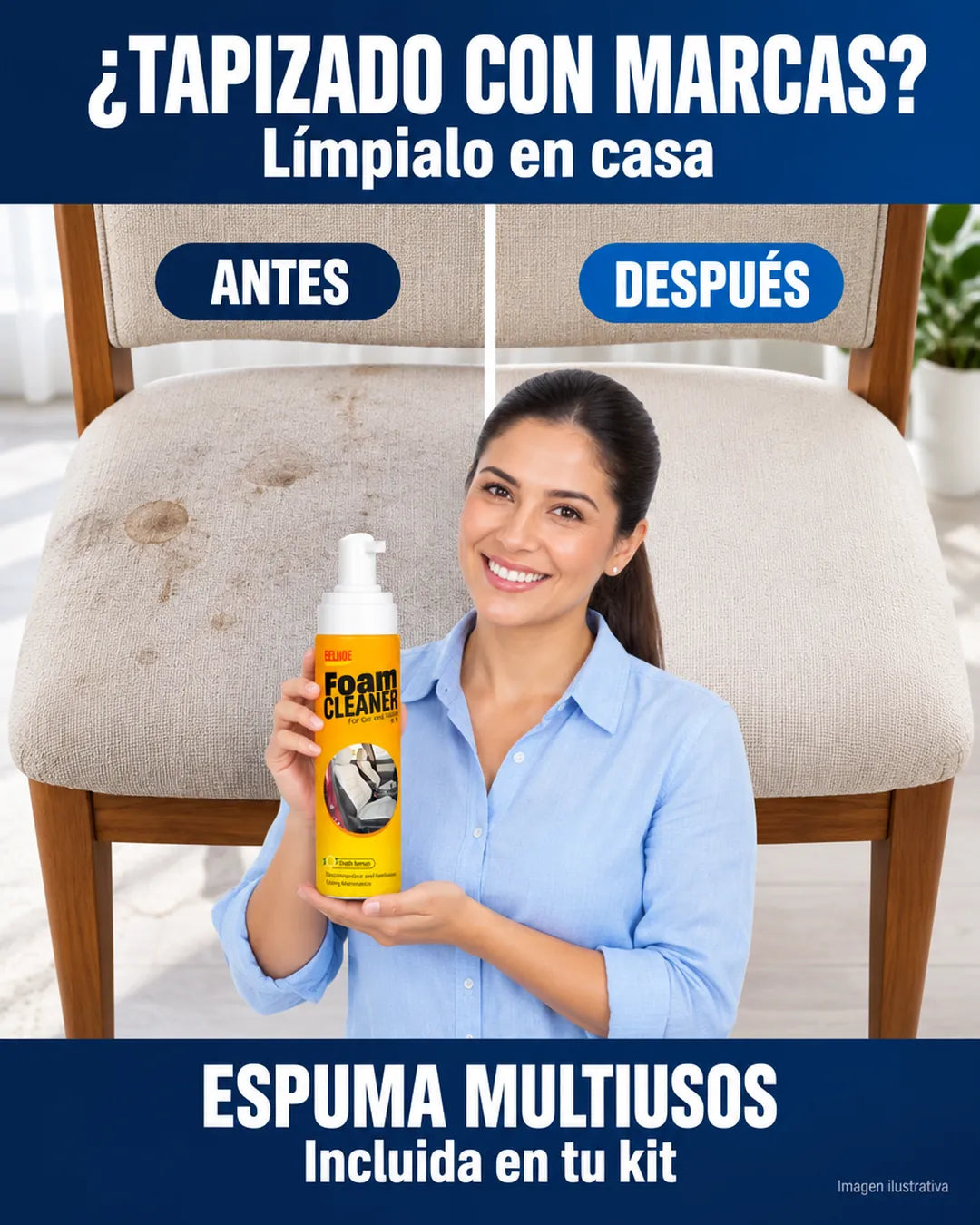 Antes y después de tapizado con marcas con espuma multiusos, incluida en tu kit