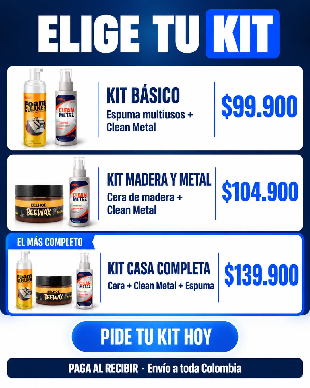 Elige tu kit: Kit Básico $99.900, Kit Madera y Metal $104.900 y Kit Casa Completa $139.900