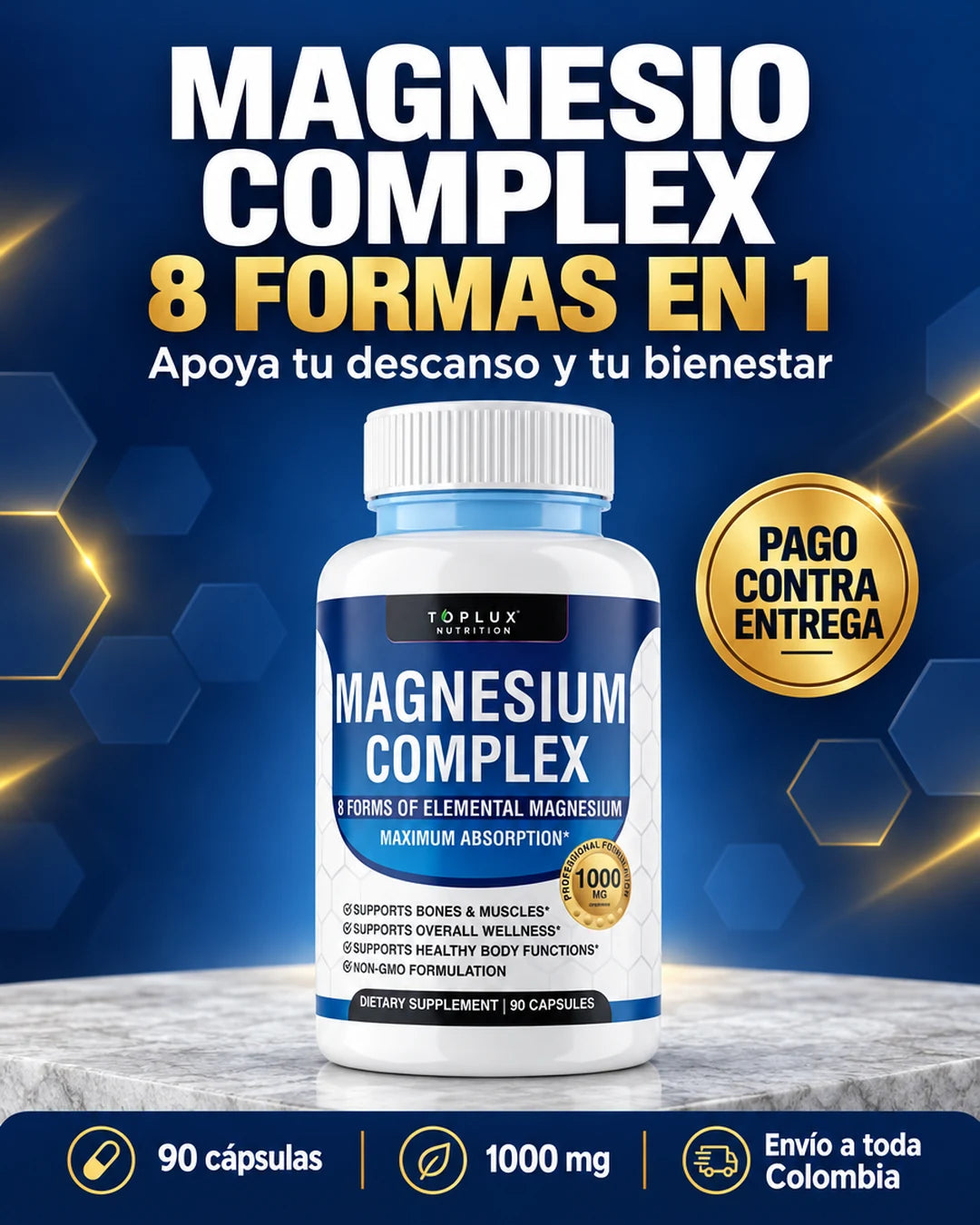 Magnesio Complex 8 formas en 1, frasco de 90 cápsulas de 1000 mg con pago contra entrega