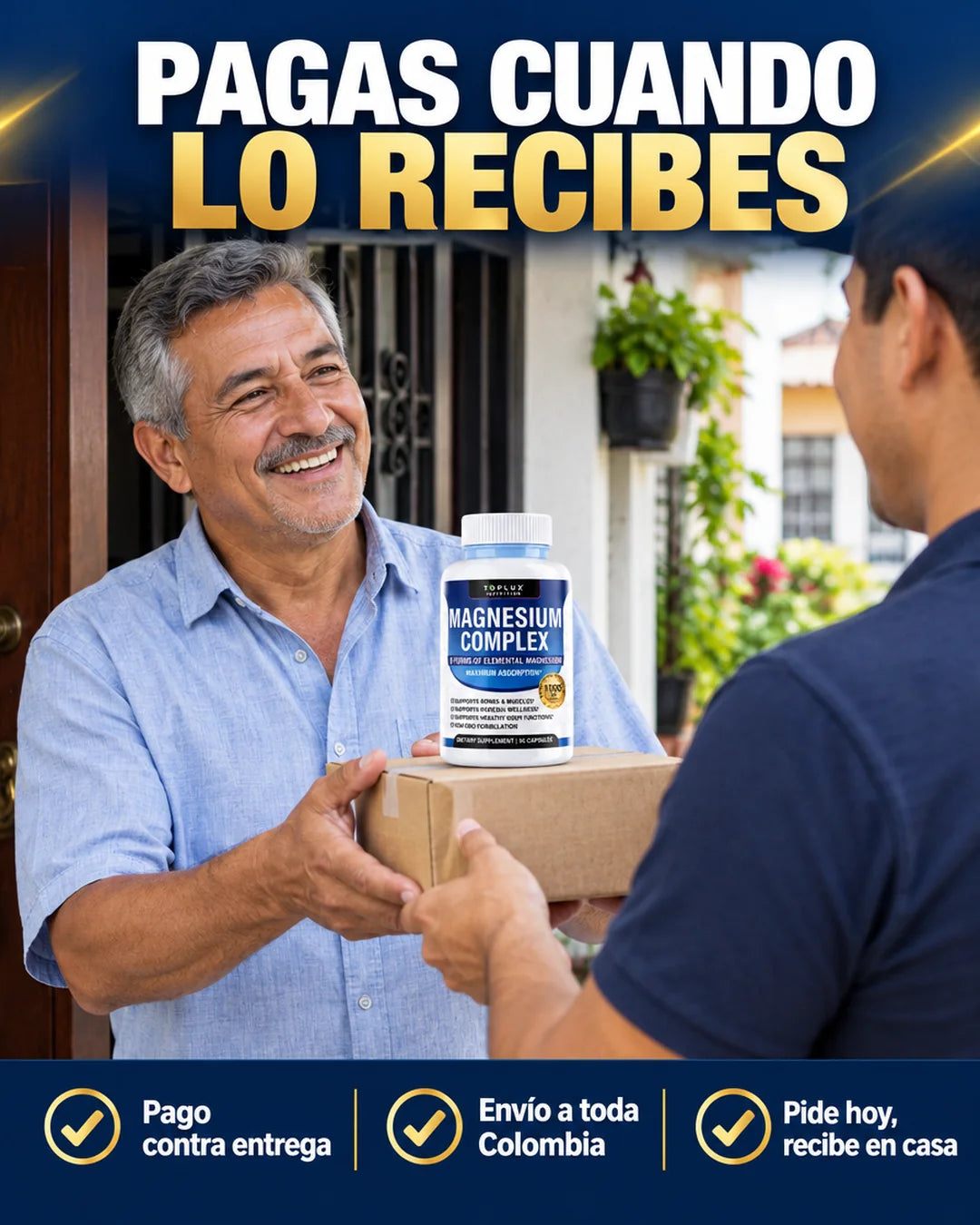 Hombre colombiano recibiendo su pedido de Magnesio Complex: pagas cuando lo recibes