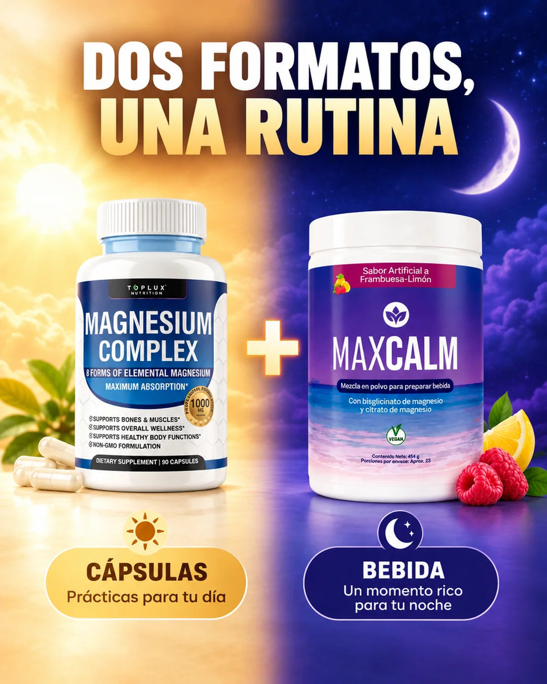 Dos formatos, una rutina: cápsulas para el día y bebida para la noche